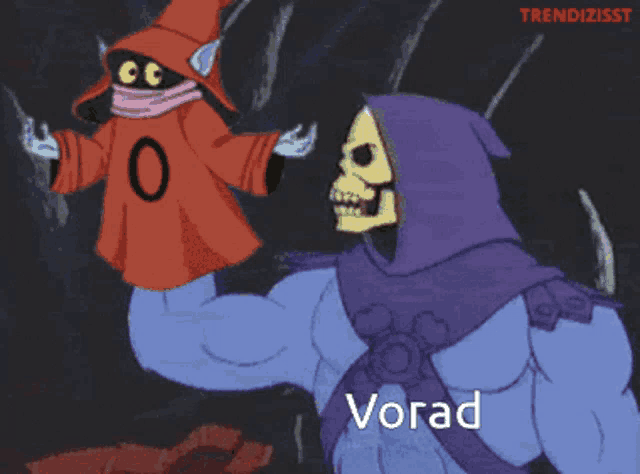 a cartoon of a skeleton and a wizard with the word vorad written on the bottom