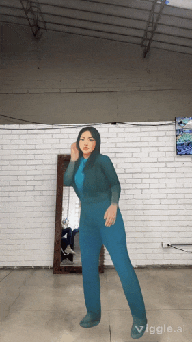 a woman in a blue jumpsuit is standing in front of a brick wall and a mirror