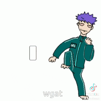 a cartoon of a man in a squid game uniform jumping in the air with a phone in his hand .