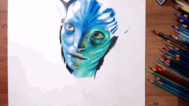 a drawing of a blue face next to colored pencils that say premier
