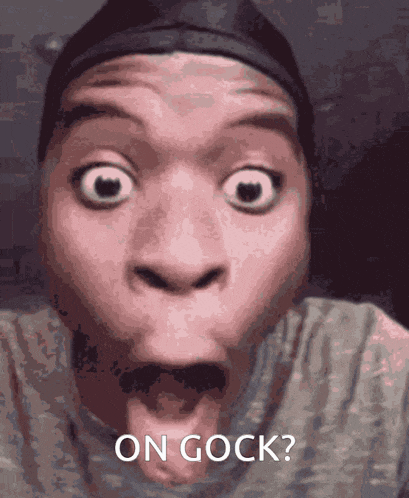 a close up of a person 's face with the words on gock written below it