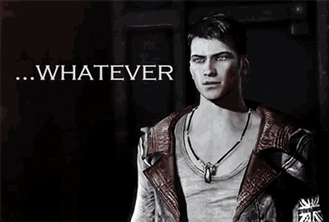 a man in a leather jacket is standing in front of a sign that says " whatever "