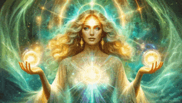 a painting of a woman holding a sphere in her hands