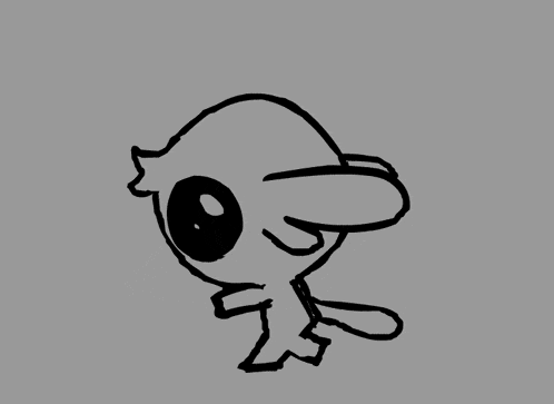 a black and white drawing of a person with big eyes