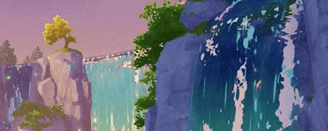 a waterfall surrounded by rocks and trees in a video game with a tree in the foreground .