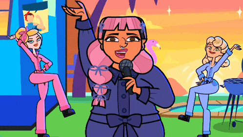a cartoon of a woman singing into a microphone with two other women dancing in the background