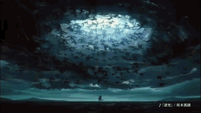 a large flock of birds are flying in the sky above a person holding a sword