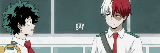 two anime characters are standing next to each other with the word gay written on the bottom