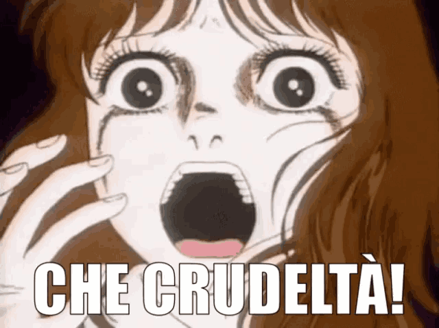a cartoon of a girl with her mouth open and the words che crudelta written below her
