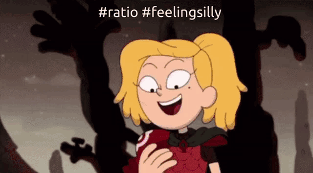 a cartoon girl is smiling and holding a red object with the words ratio #feelingsilly below her