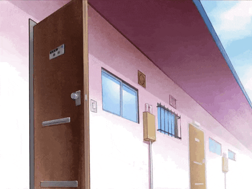 a cartoon drawing of a building with a door that has a sign on it that says ' a ' on it
