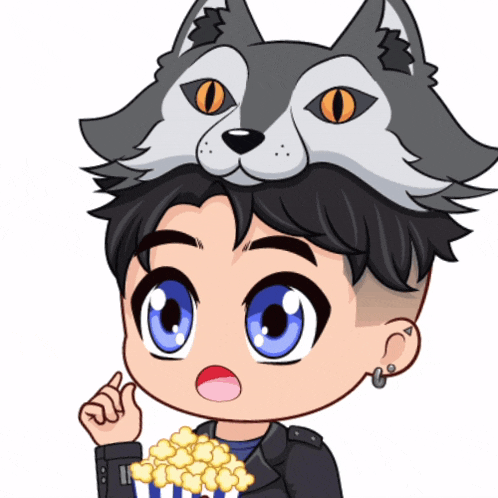 a cartoon of a boy wearing a wolf mask eating popcorn