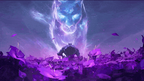 a painting of a monster surrounded by purple flowers and a blue sky