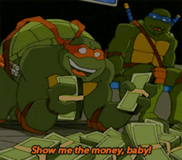 a cartoon of teenage mutant ninja turtles holding stacks of money