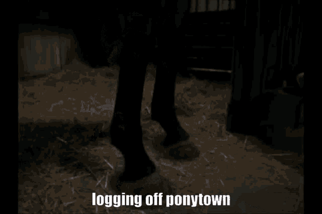 a horse is standing in a stable with the words " logging off ponytown " on the bottom