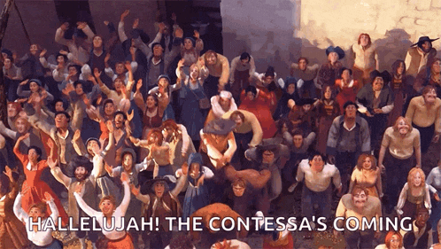 a crowd of people are gathered in a painting with the words hallelujah the contessa 's coming on the bottom