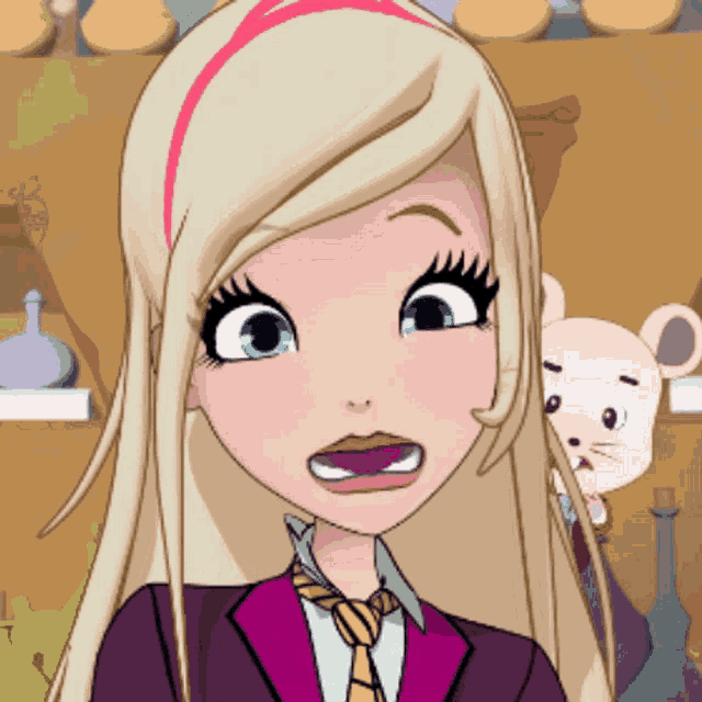 a cartoon girl with blonde hair and blue eyes is wearing a suit and tie