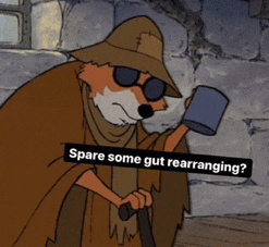 a cartoon character holding a cane and a mug with the words spare some gut rearranging written on it
