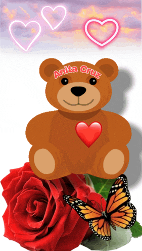 a teddy bear with anita cruz written on it sits next to red roses and a butterfly