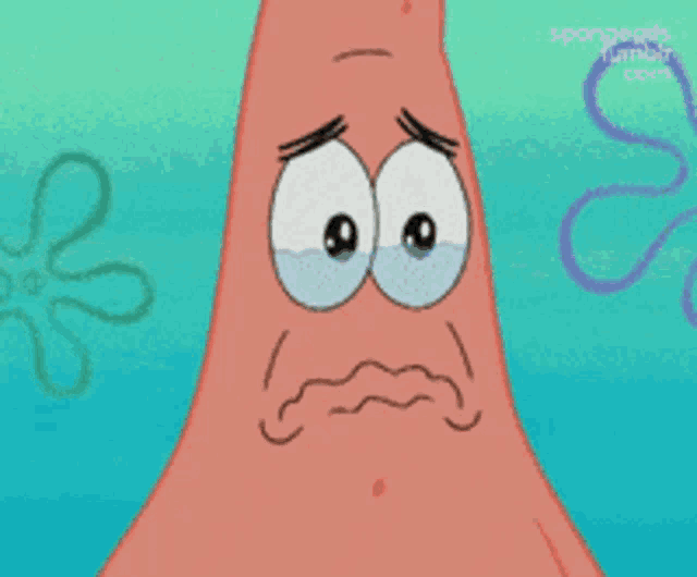 a sad patrick star from spongebob squarepants with a flower in the background