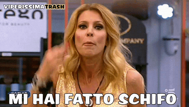 a woman says " mi hai fatto schifo " in front of a sign that says company