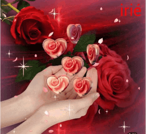 a woman is holding a heart shaped rose in her hands with roses in the background