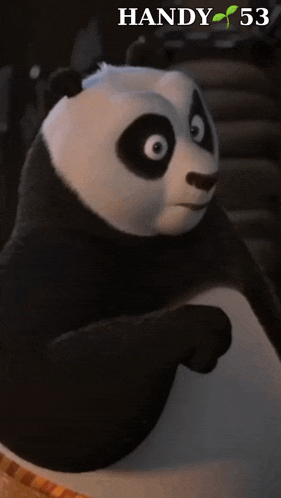 a panda bear is sitting in front of a sign that says " handy 53 "