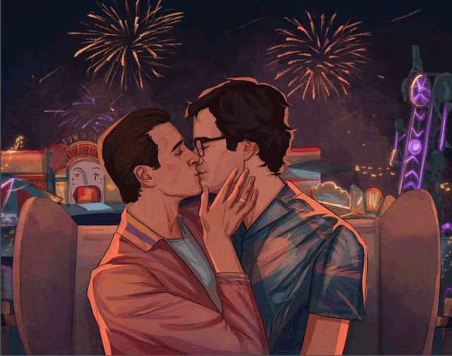 a painting of two men kissing in front of fireworks at a carnival