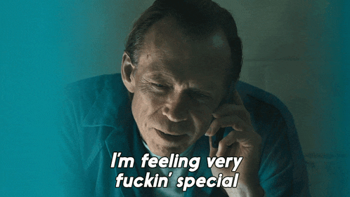 a man talking on a cell phone with the words i 'm feeling very fuckin ' special above him