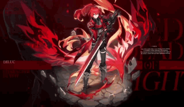 a red haired anime character is holding a sword and says " dilluc " on the bottom