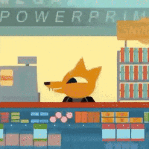 a cartoon fox is standing behind a counter at a store .