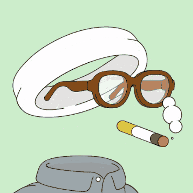a cartoon drawing of a person with glasses and a cigarette in a thought bubble