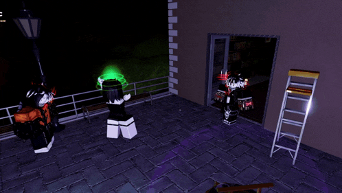 a screenshot of a video game shows a few characters standing on a brick floor