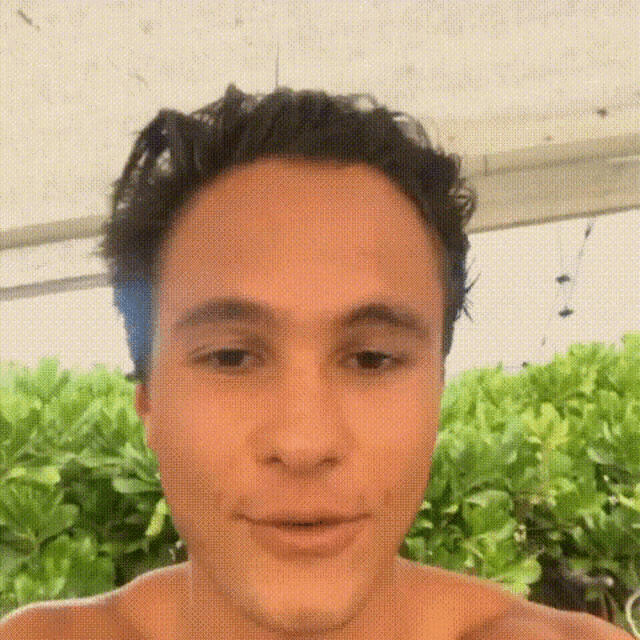 a close up of a shirtless man 's face with a blurred background of trees .