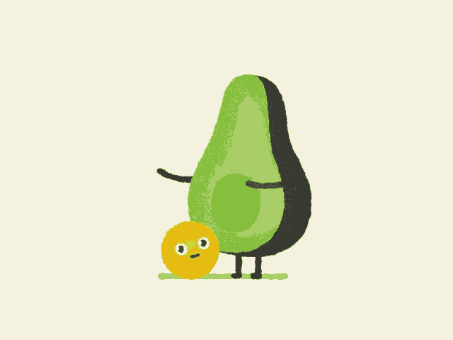 a cartoon of an avocado standing next to a yellow smiley face