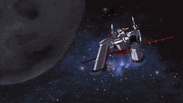 a robot with blue and red wings is flying through the air
