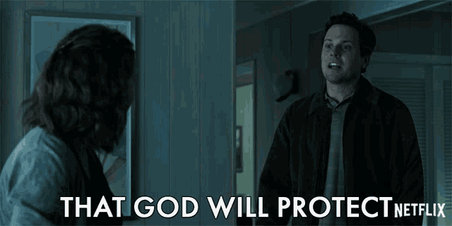 a man and woman are standing next to each other with the words that god will protect netflix on the bottom