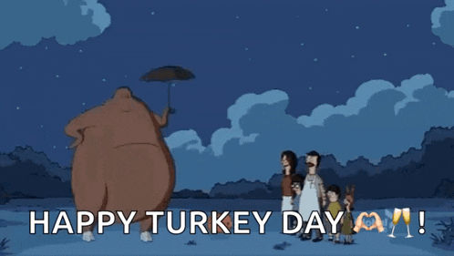 a happy turkey day greeting with a cartoon of a group of people holding hands around a turkey
