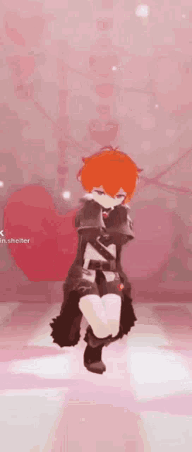 a girl with red hair is standing in front of a pink heart in a video game .