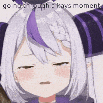 a cartoon girl with purple hair and horns is going through a kays moment