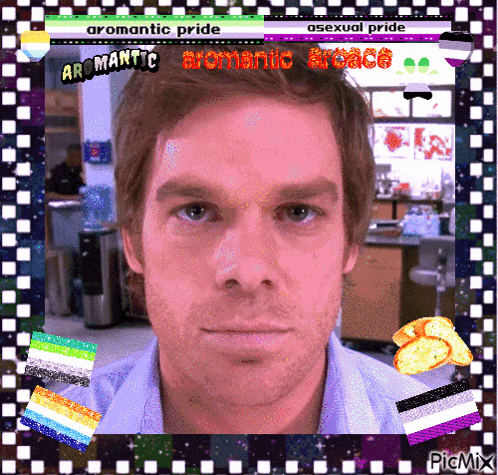 a picture of a man 's face with the words " aromantic " on the top right