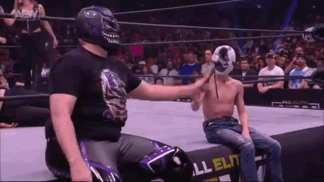 a wrestler is kneeling down next to a young boy wearing a mask