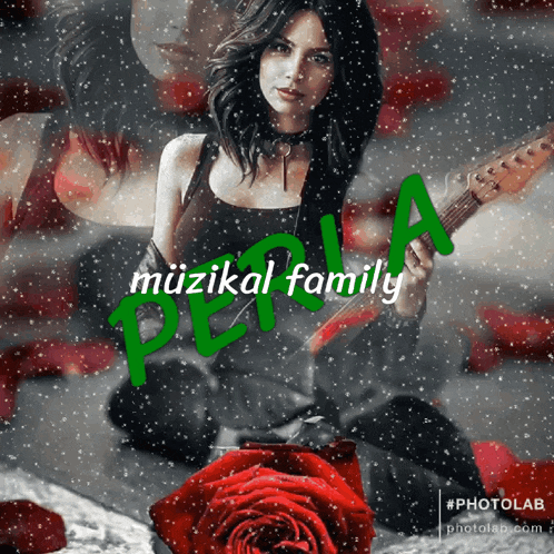 a picture of a woman holding a guitar with the name muzikal family written on it