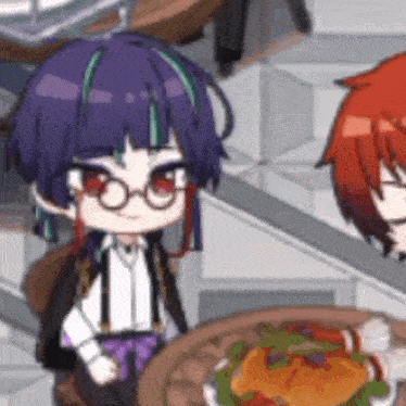 a couple of anime characters are sitting at a table with a plate of food .