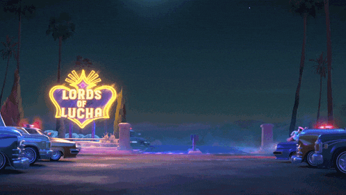 a sign that says lords of lucha is lit up at night