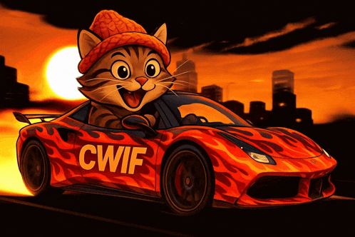 a cat wearing a beanie is driving a car that says cwif