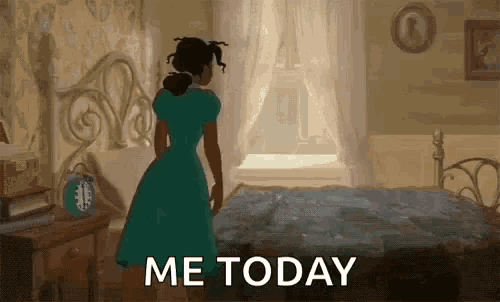 a woman in a green dress is standing in front of a bed in a bedroom and says `` me today '' .