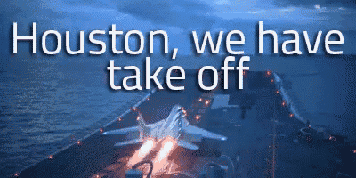 a houston we have take off advertisement with a fighter jet