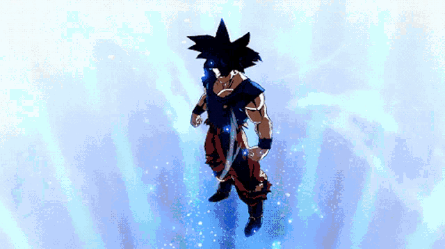 a cartoon character is standing in the air with a blue background