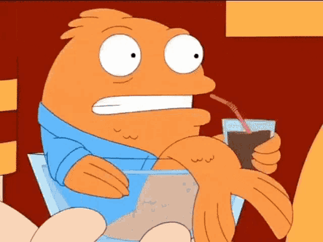 a cartoon fish is holding a glass with a straw